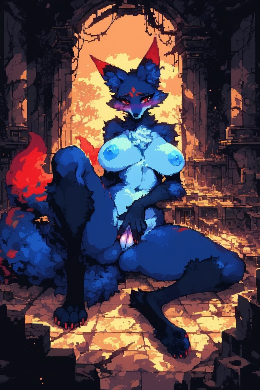 Blue Fur, Red Eyes, Soft Lights Furry AI Porn