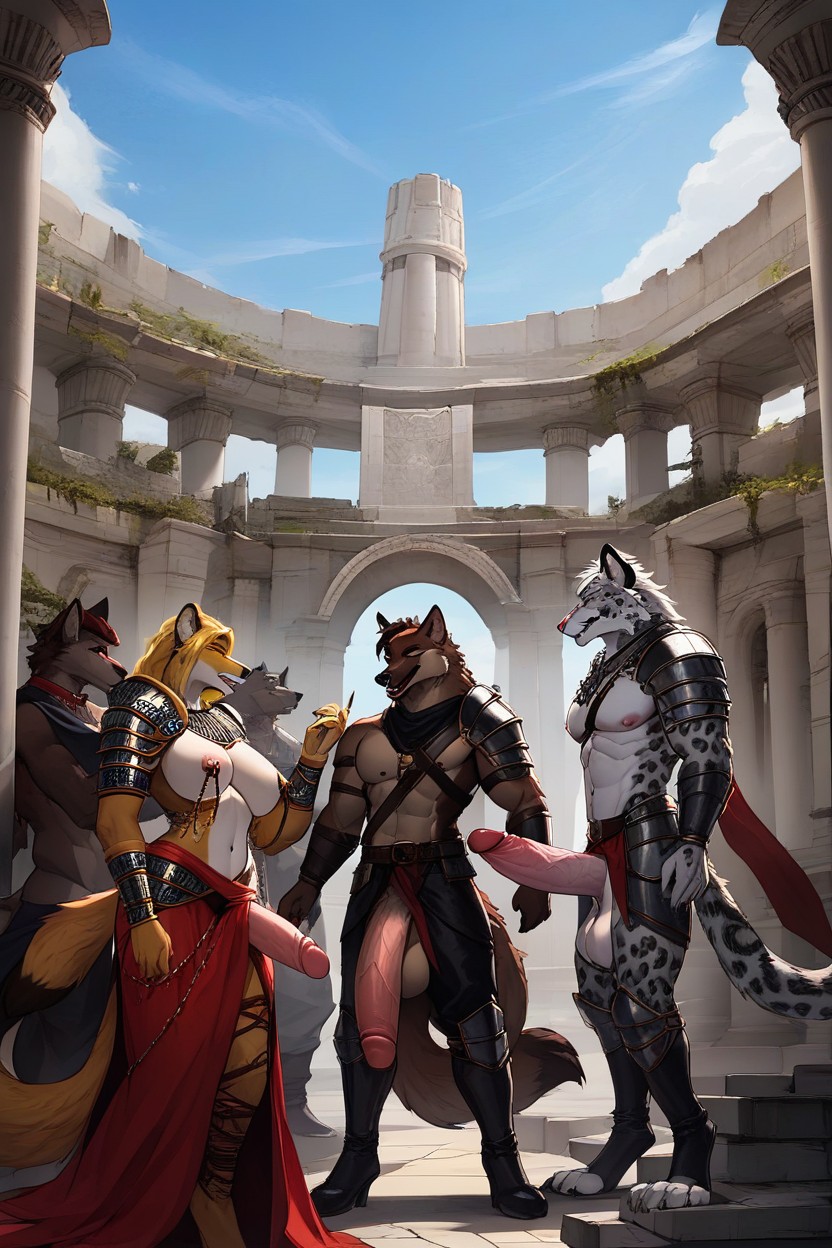 Circular Outdoor Temple, Open Clothes, In Circular Ancient Ruins Formation Furry AI Porn