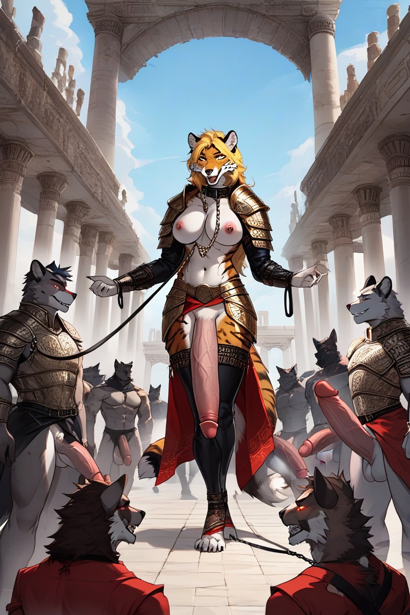 Leashes And Bonds Attached To Pillars, Atado, Ropa Abierta Furry IA