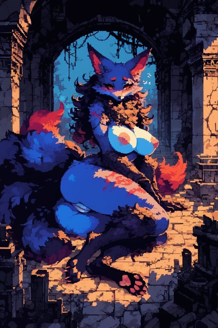 Blue Fur, Soft Lights, Kitsune Furry IA