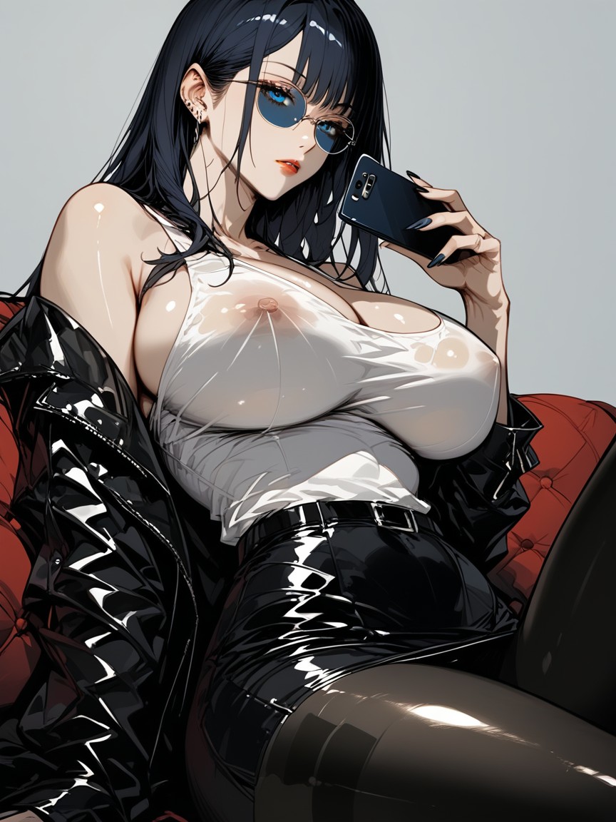 Woman With Round Dark Blue Sunglasses On Her Head, Black Leather Belt, Woman With Worried Brow Hentai AI Porn