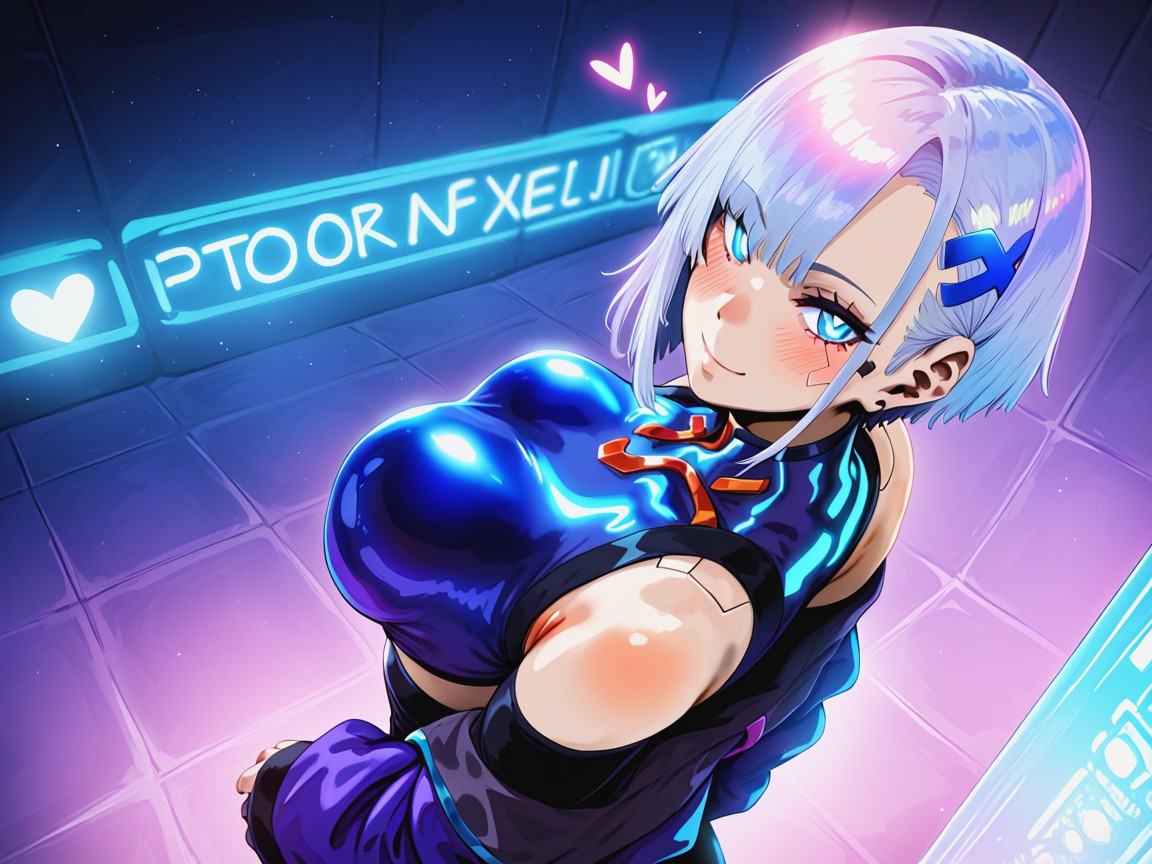 Flowing Metallic Blue Dress, Tight Round Ass, Happy Face Hentai AI Porn