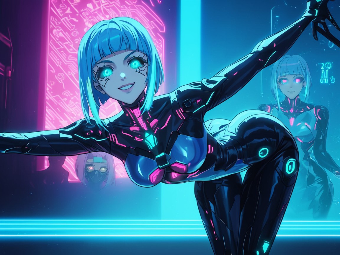 Vibrant Saturated Colors, Blue Neon Light Bloom, Blue Eyes AI Porn