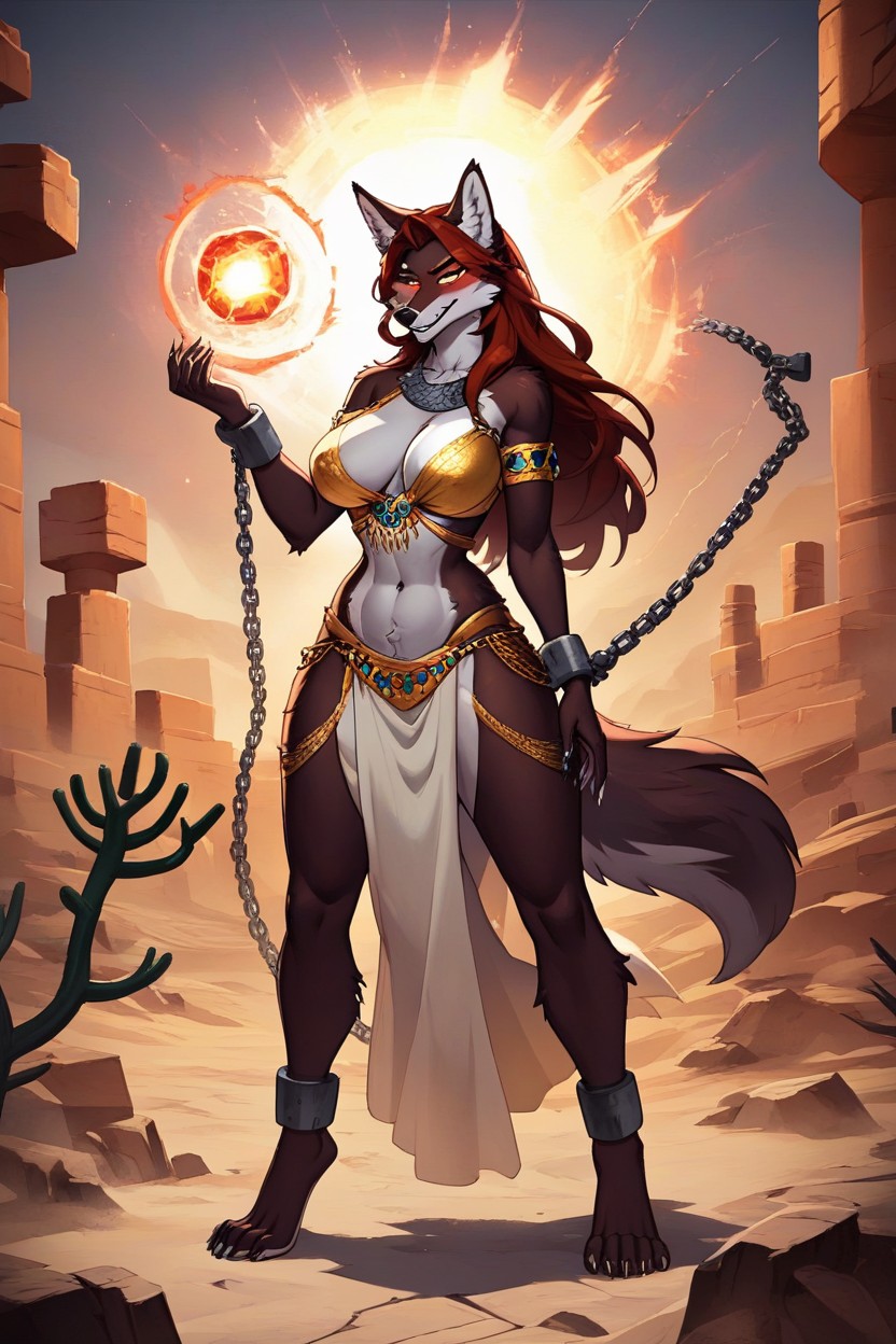 Traviesa, Dark Brown Fur, Desert With Voluptuous Cactus Women Near An Oasis Furry IA