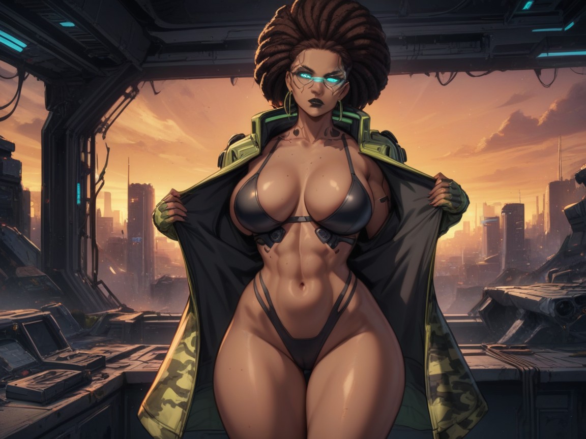 Clothes Ultra Detailed, Concrete City Ruins, Wearing Camouflage Cyberpunk Clothes Porno latina IA
