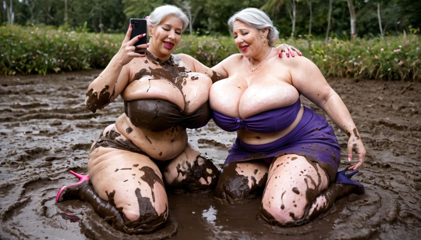 Lesbian Kissing, Oiled Skin, Mud BBW AI Porn