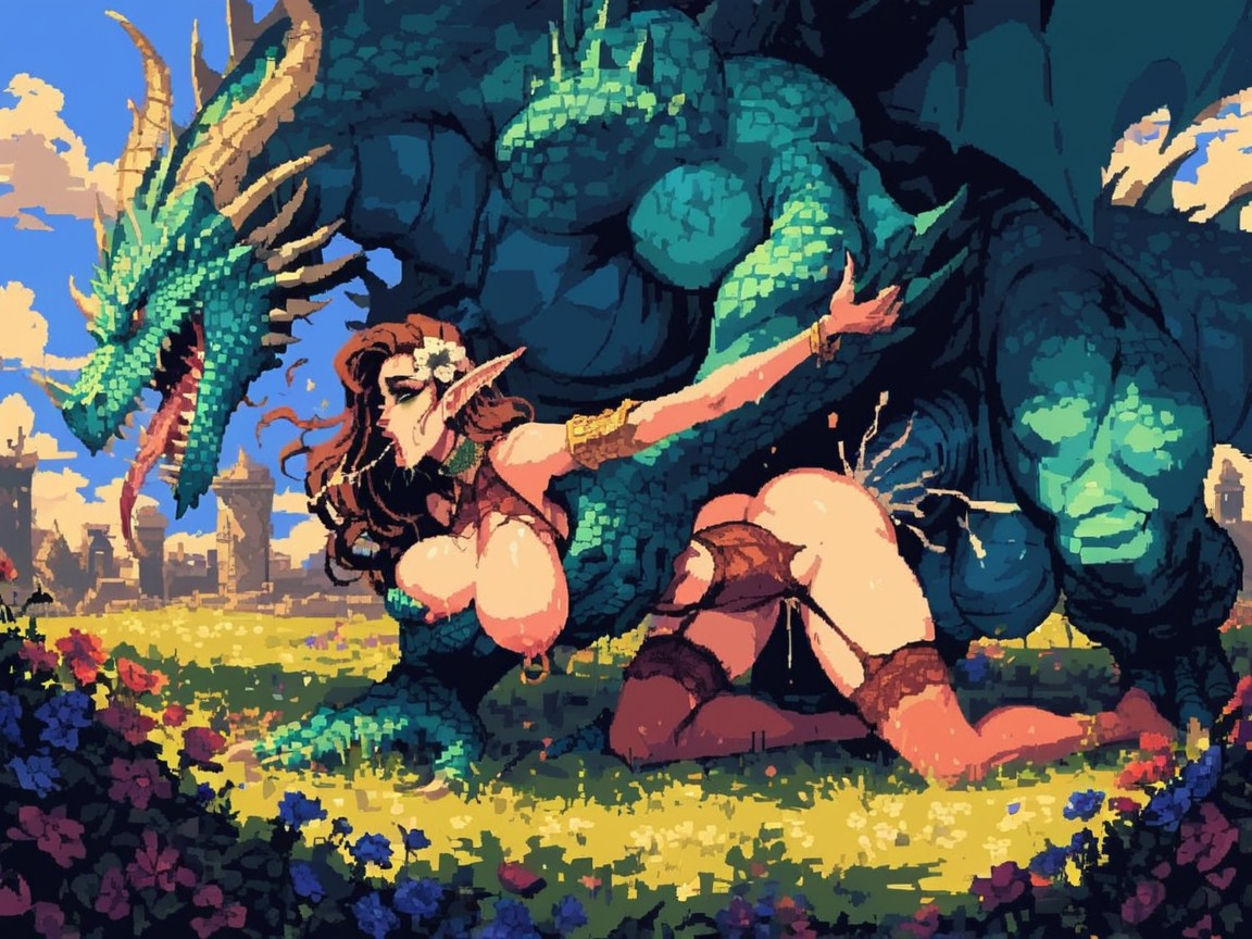 Flowers In Hair, Extremely Huge Green Dragon, Missionary (3rd Person) AI Porn