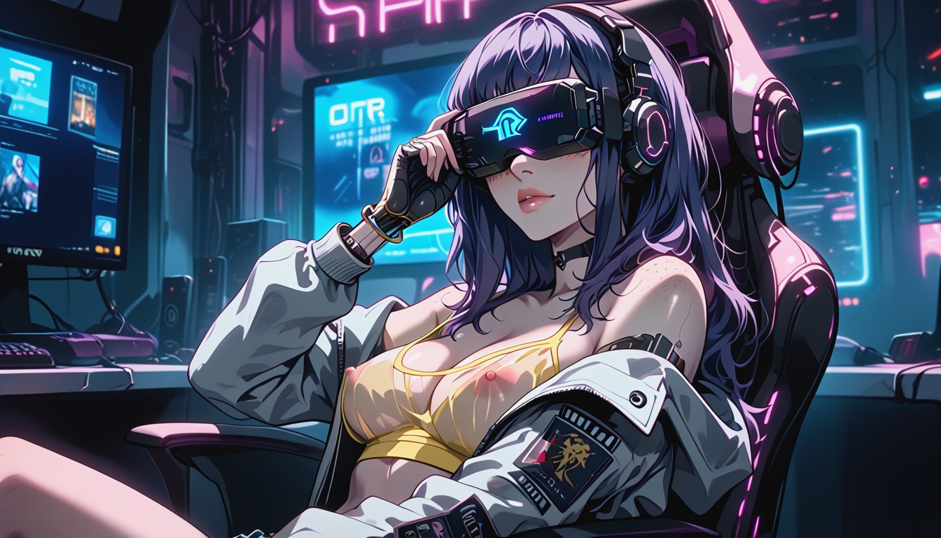 Freckles On Cheek, Neon Lighting, Hands On Armrest AI 포르노