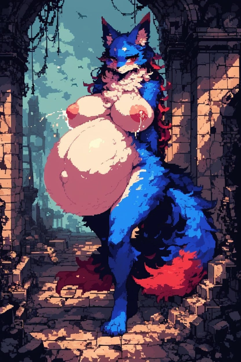 Big Breasts, Wide Gigantic Pregnant Belly, Lactation Furry IA
