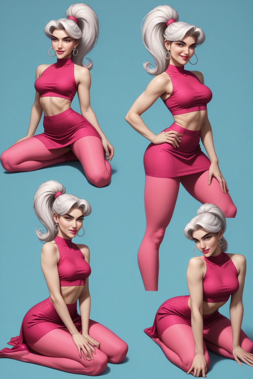Flared Skirt, Sitting Cross-legged While Touching Her Neck, Really High Ponytail Pornografia de IA