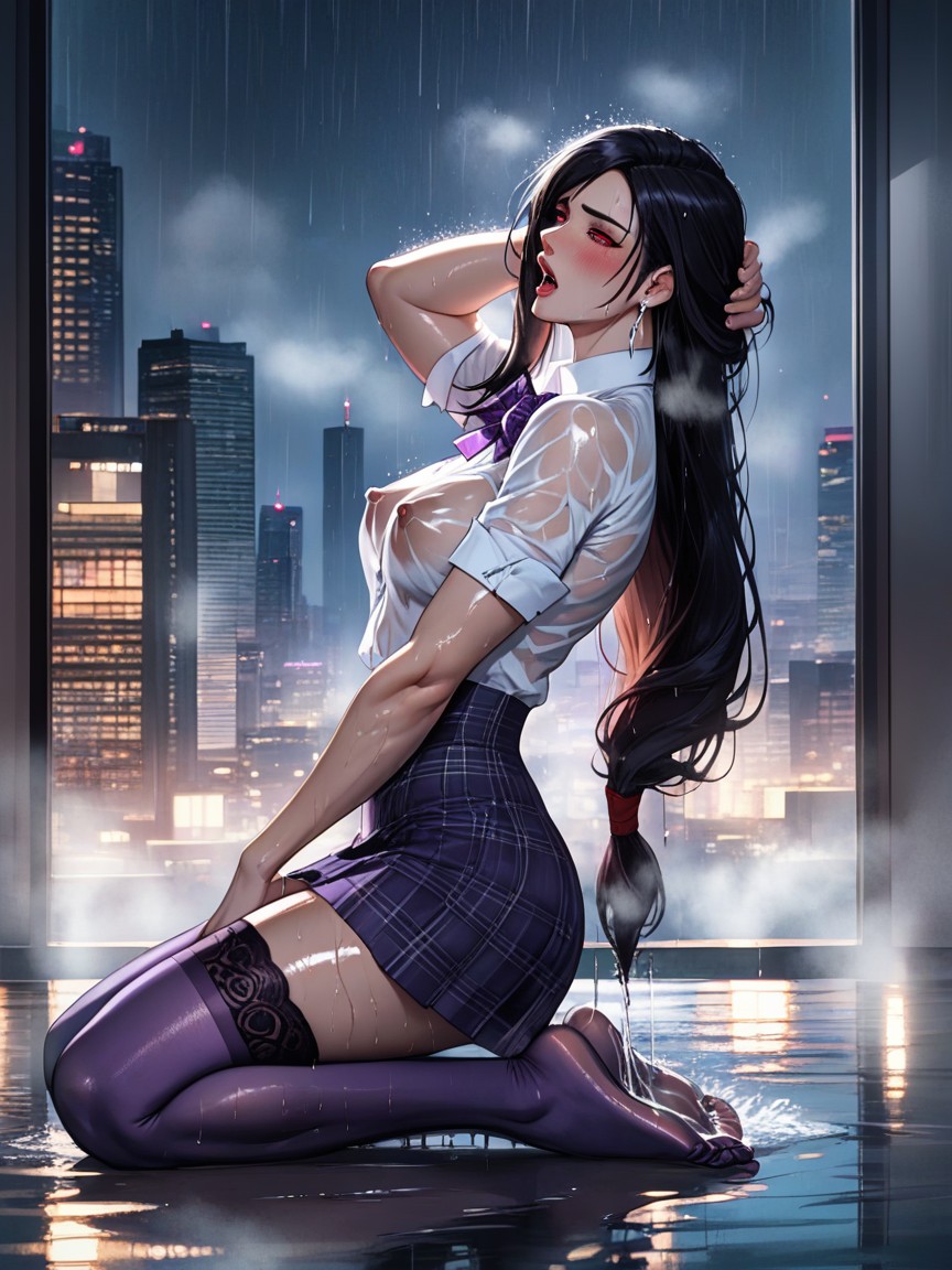 Immersed In Water, Purple Lingerie Stockings, Massive Amount Of Oil Hentai AI Porn