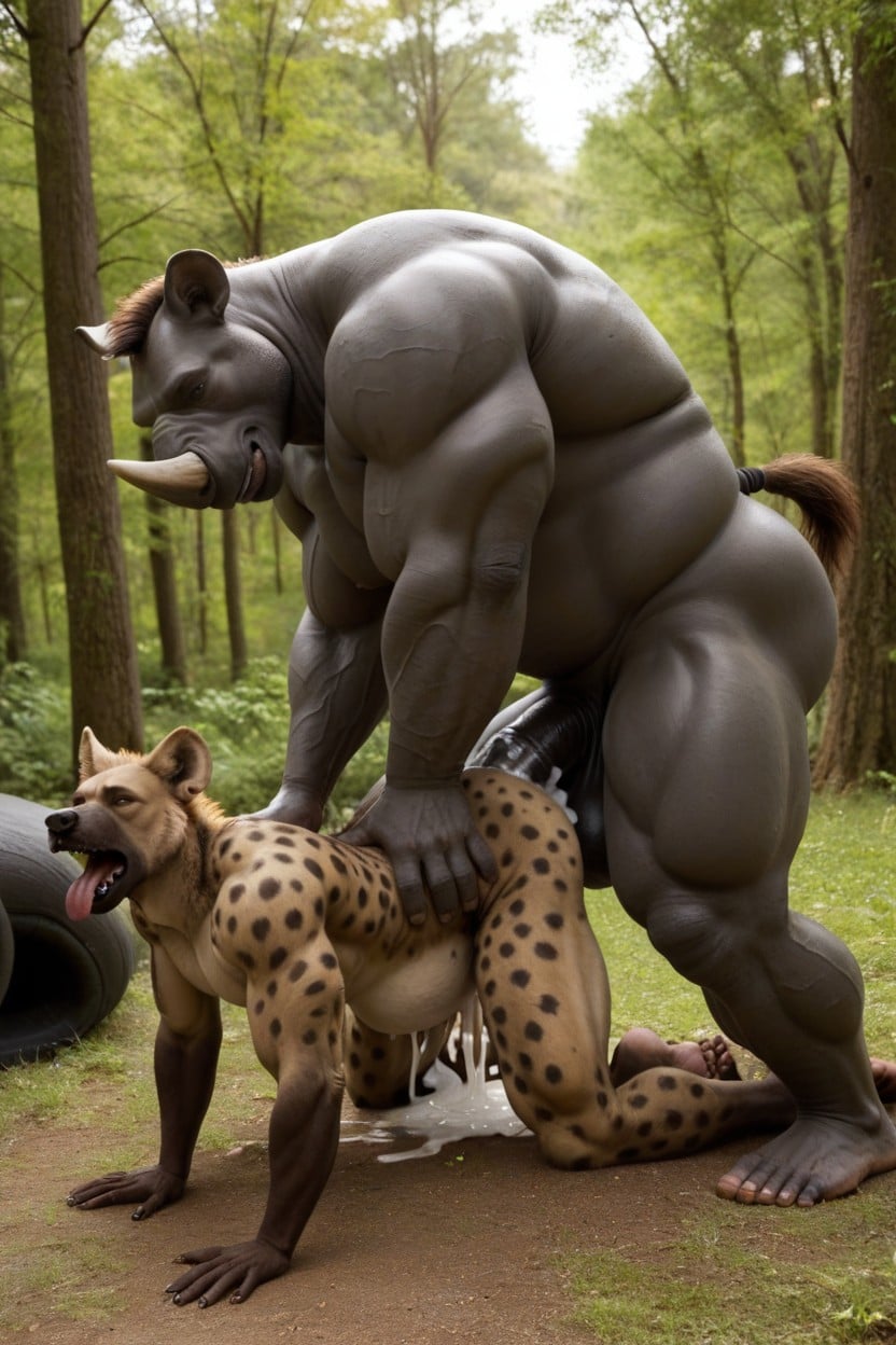Hyena Furry, Cumming Down His Throat Directly Into His Stomach, Long Shot Pornografia gay com IA