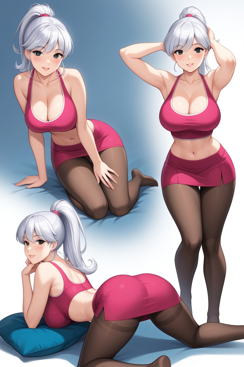 Curled Up With Hands Between Thighs, Leggings Under Skirt, No Bangs AI 포르노