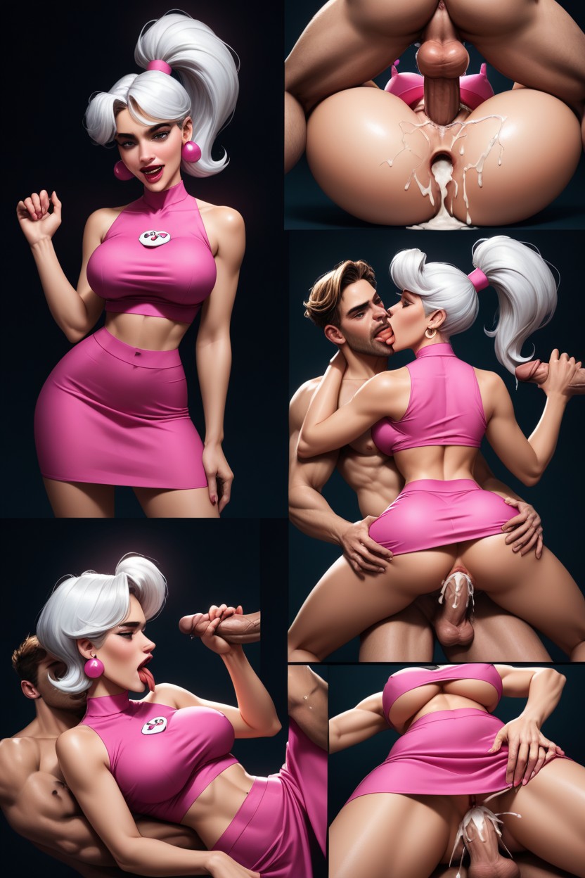Really High Ponytail, Sleeveless Crop Top, Purple And Pink Outfit Tones AI Porn