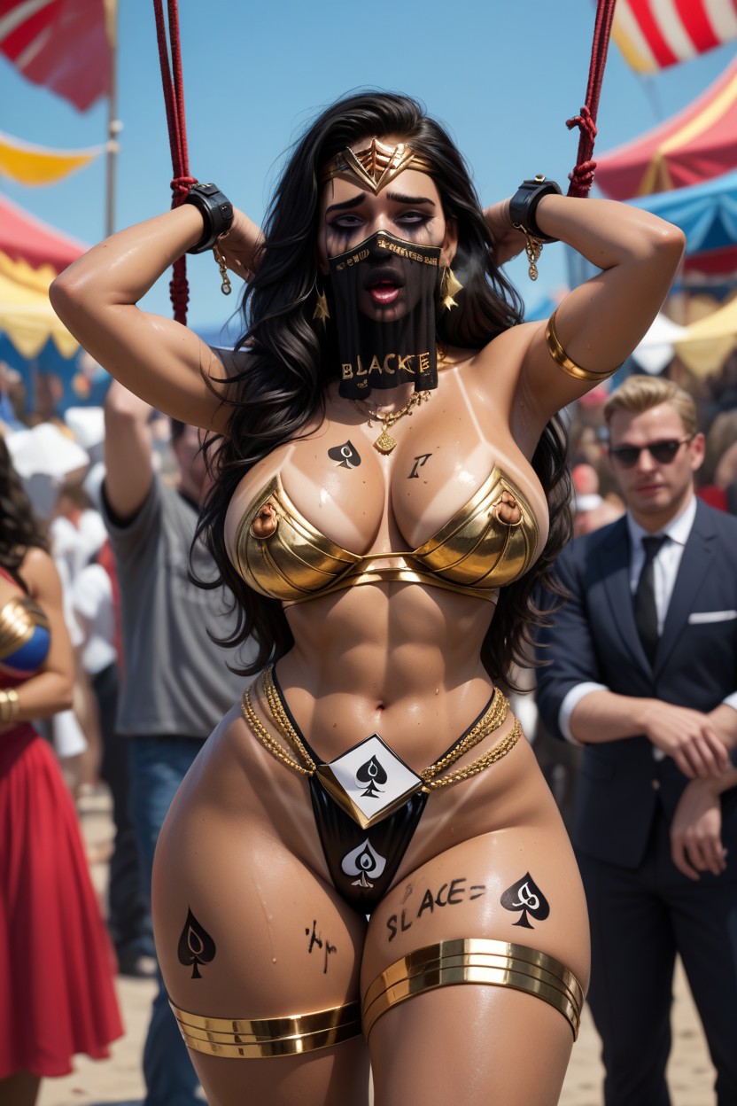 Messy Hair, Gold Fishnet, Tan Lines AI Porn
