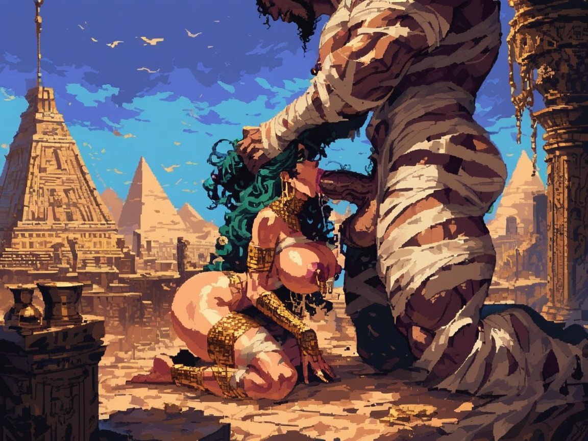 18+, Extremely Huge Male Gold Mummy Pharaoh, Green Hair AI 포르노