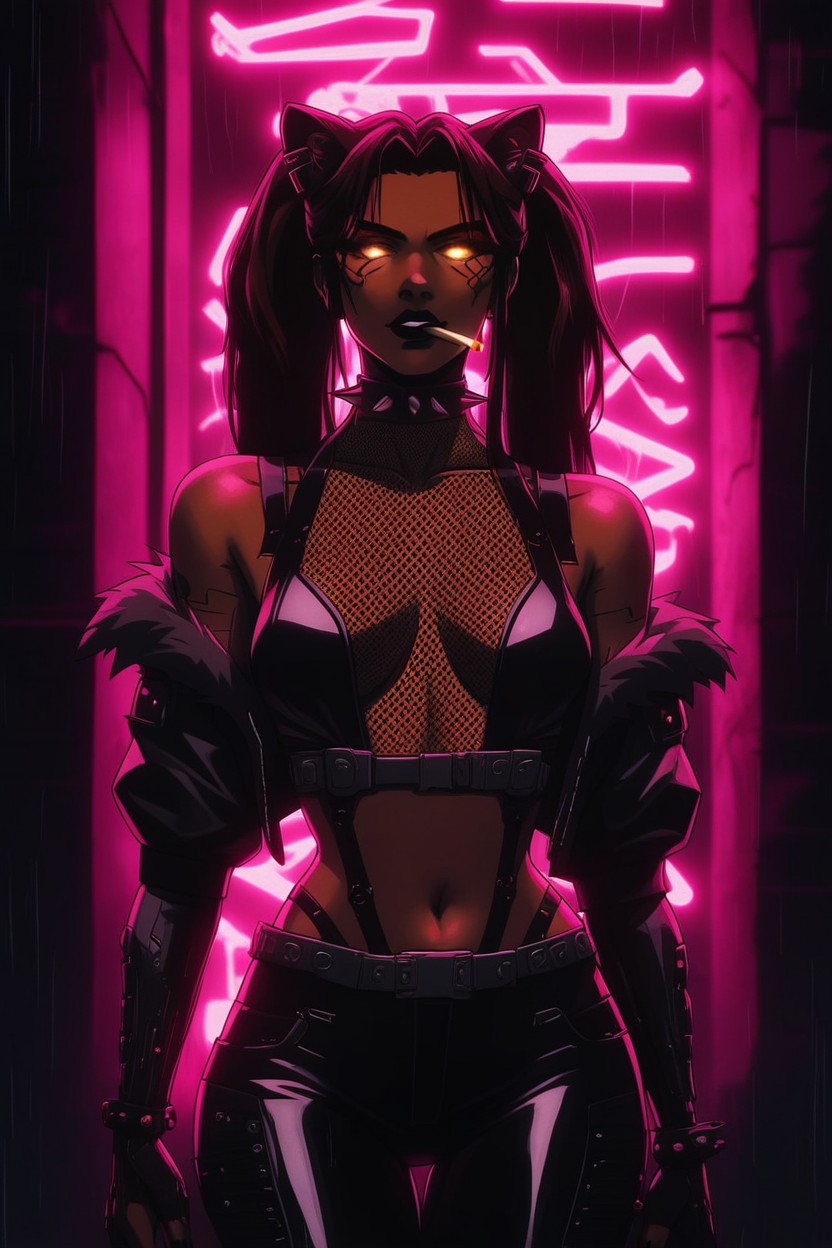 Cyberpunk City, Leopard Print Cropped Jacket With Black Fur Hood, Cyberpunk Hacker Latina AI Porn