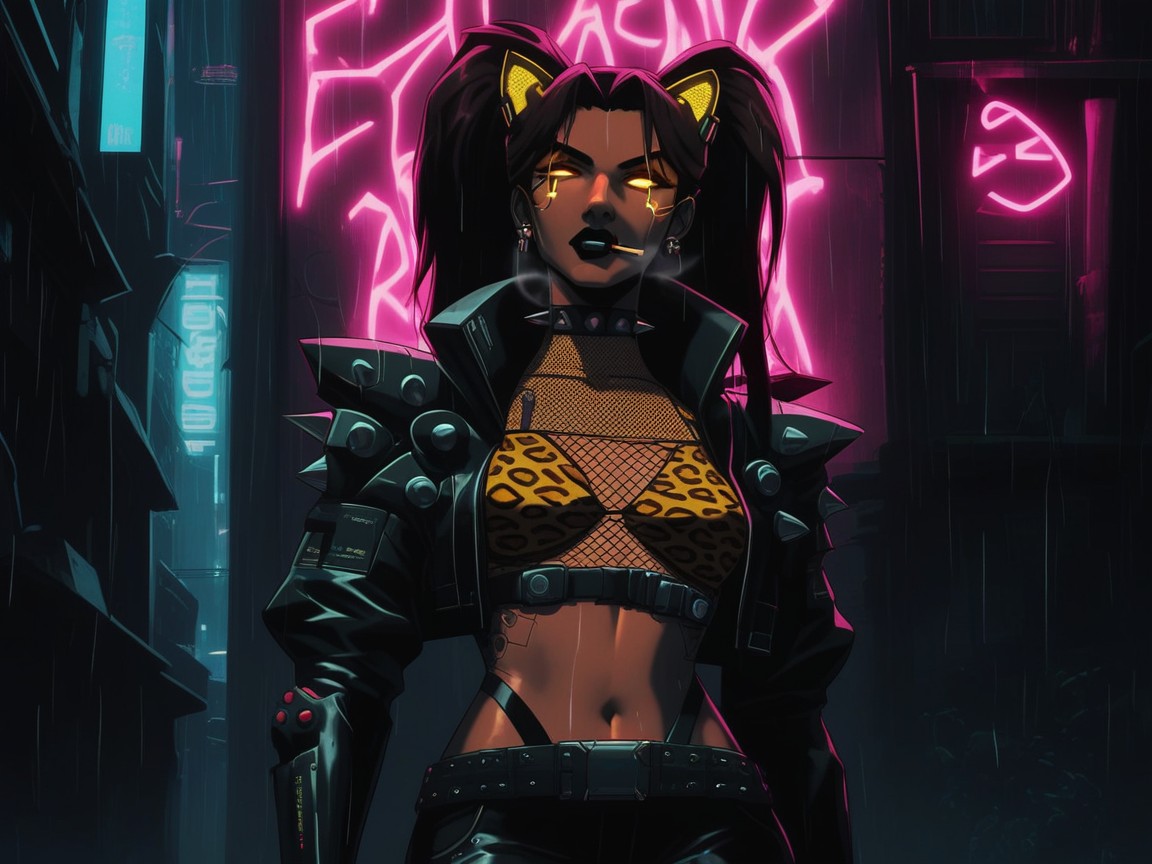 Neon Leopard Tail, Woman Holding A Laser Pistol, サイバーパンクシティ ラティーナAIエロ