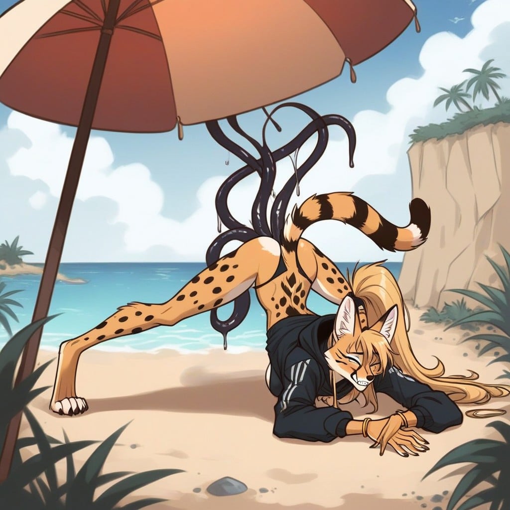 Grabbing Breasts, Dragon Serval Body, Tentacles Pulling Hair Furry AI Porn