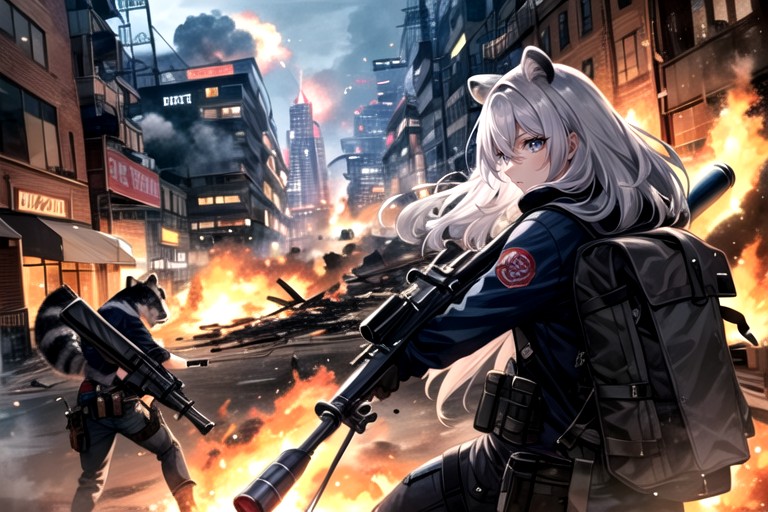 Raccoon And Woman Fighting, Fire In Background, Smoke Hentai AI Porn