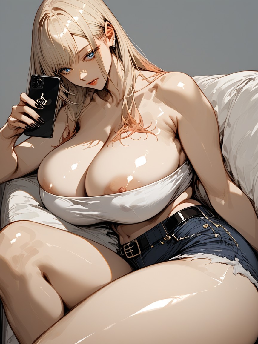 Couch, Strapless Top, Woman In A Belly Baring Outfit Hentai AI Porn