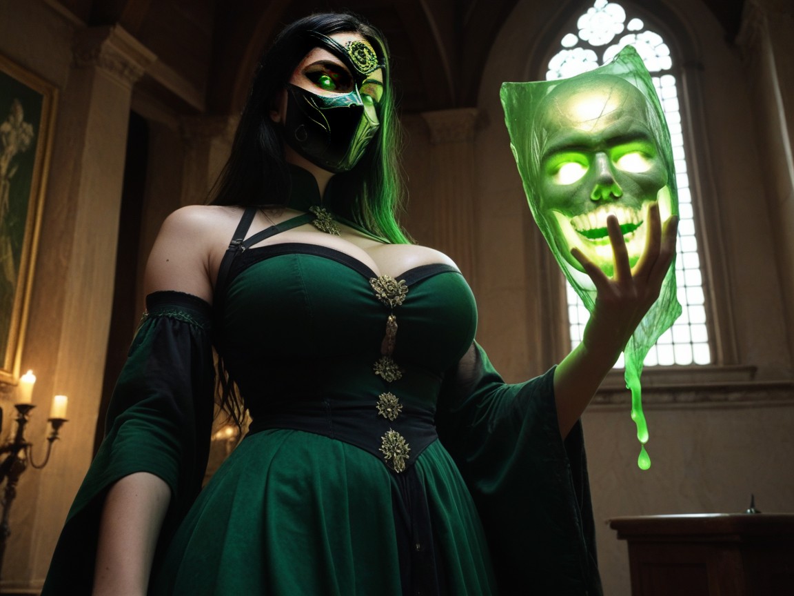 Mansion, Green Ancient Wooden Mask In Her Hands, Hypnosis AI Porn