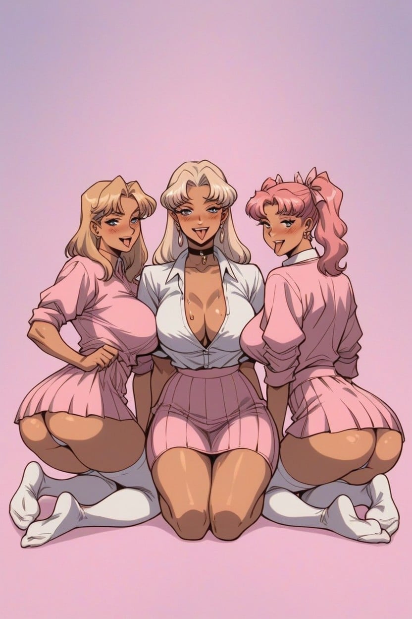 Tongue Out, Pink White Tops, Three Women AI Porn