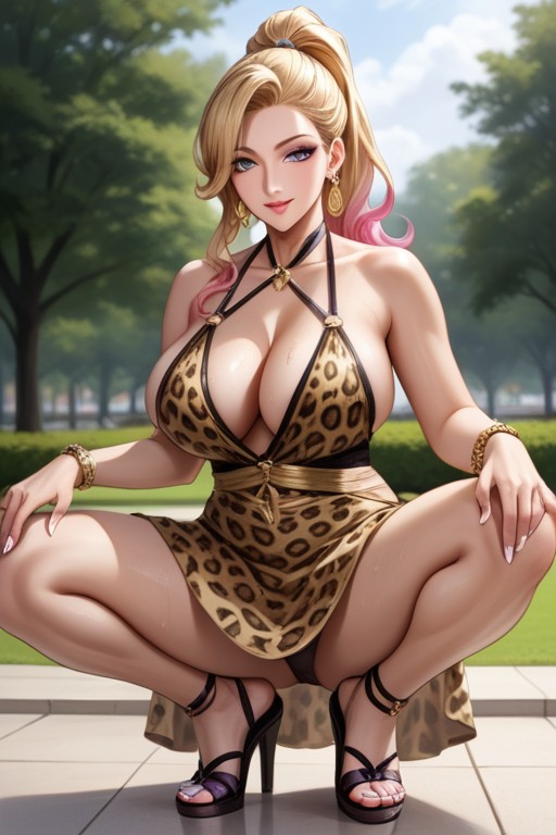 Wooden Sandal Platform Heels, Black And Gold Heels, Deep Cleavage AI Porn