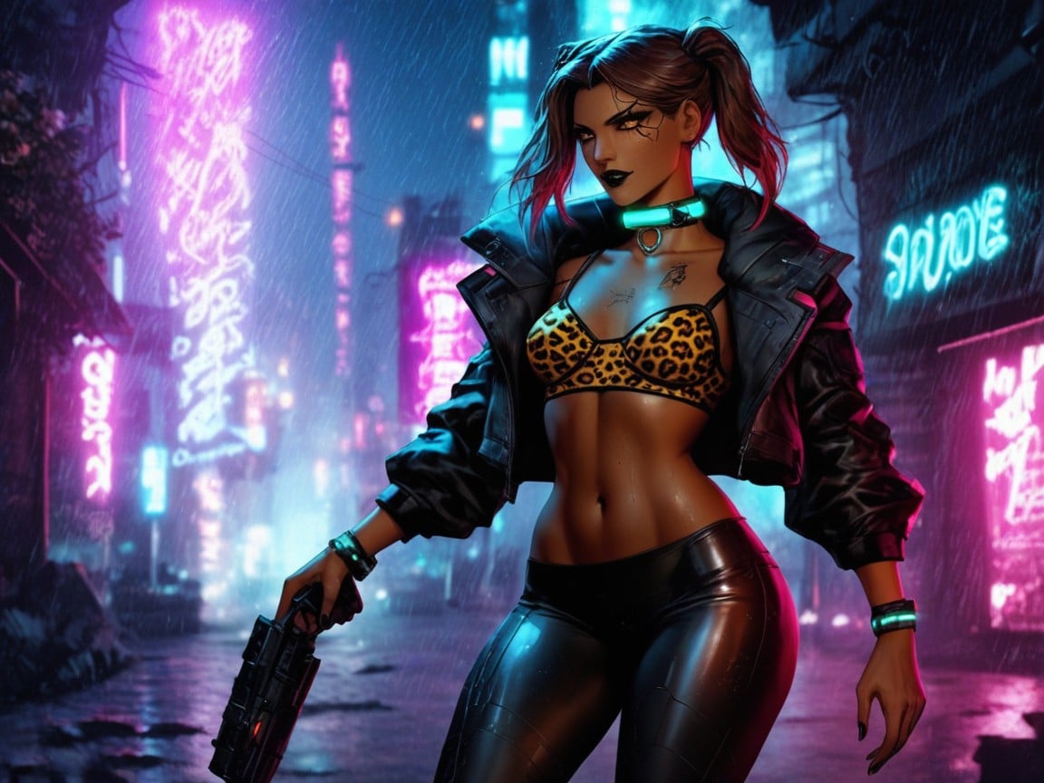 Hooded Leopard Print Cropped Fur Jacket, Tight Breasts, Metallic Waist Latina AI Porn