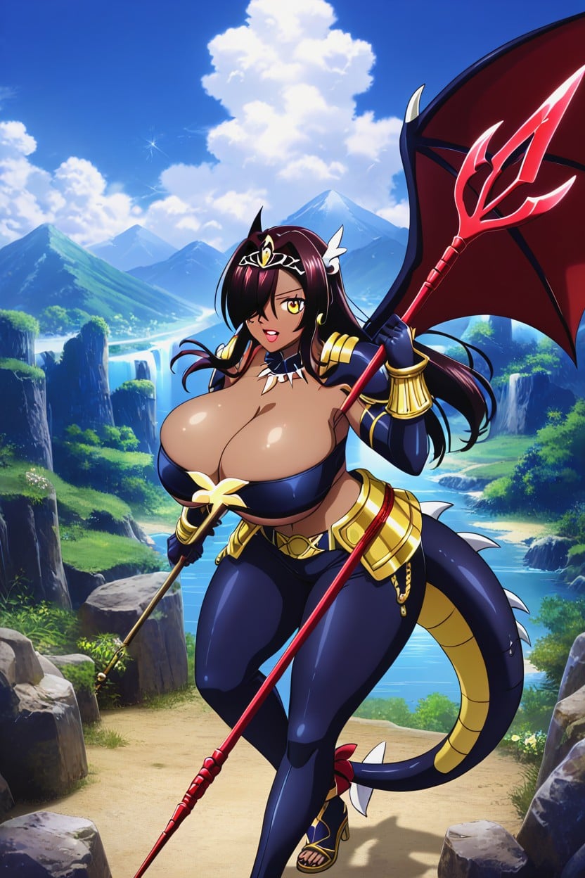 Multicolor Hair, "carmine From Pokémon Scarlet", Black Dragon Skin On Shoulders Hentai AI Porn