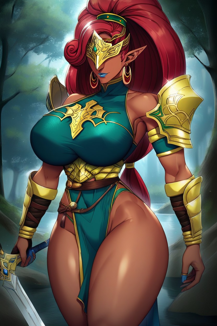 Red Lipstick, Black Hair Red Hair, "urbosa From Zelda Series" Hentai AI Porn