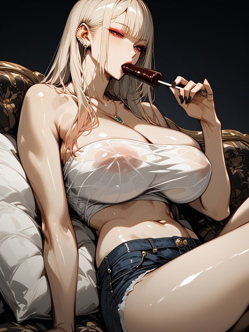 Crop Top, Woman Eating Large Size Chocolate Icecream With Stick While Holding It In Her Hand, Simply Modern Black Sofa Hentai AI Porn