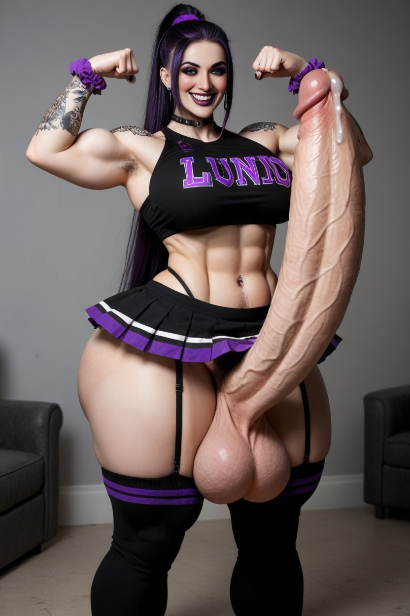 陰毛, Impossibly Massive Muscular Legs, Detailed Goth Cutie Face ニューハーフAIポルノ