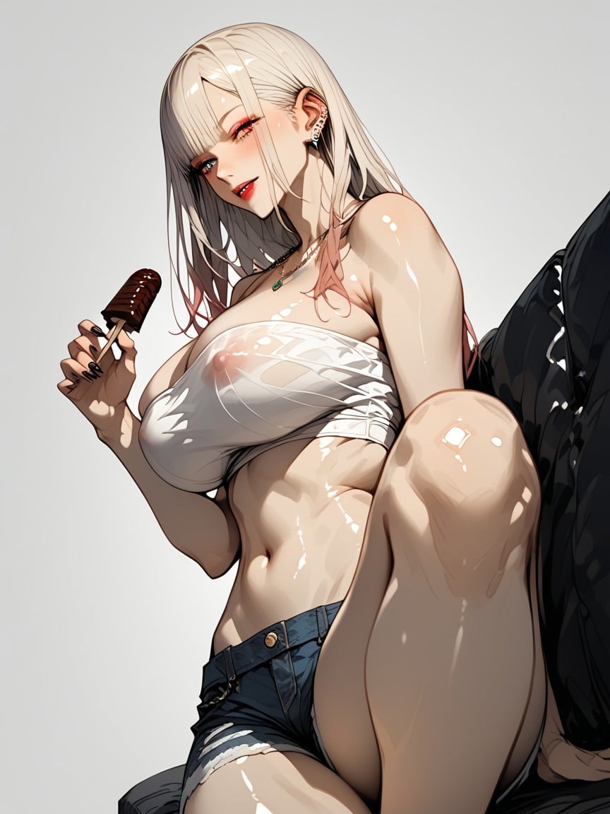 Strapless Top, White Hair, Extremely Overhanging Extreme Gigantic Nipples Hentai AI Porn