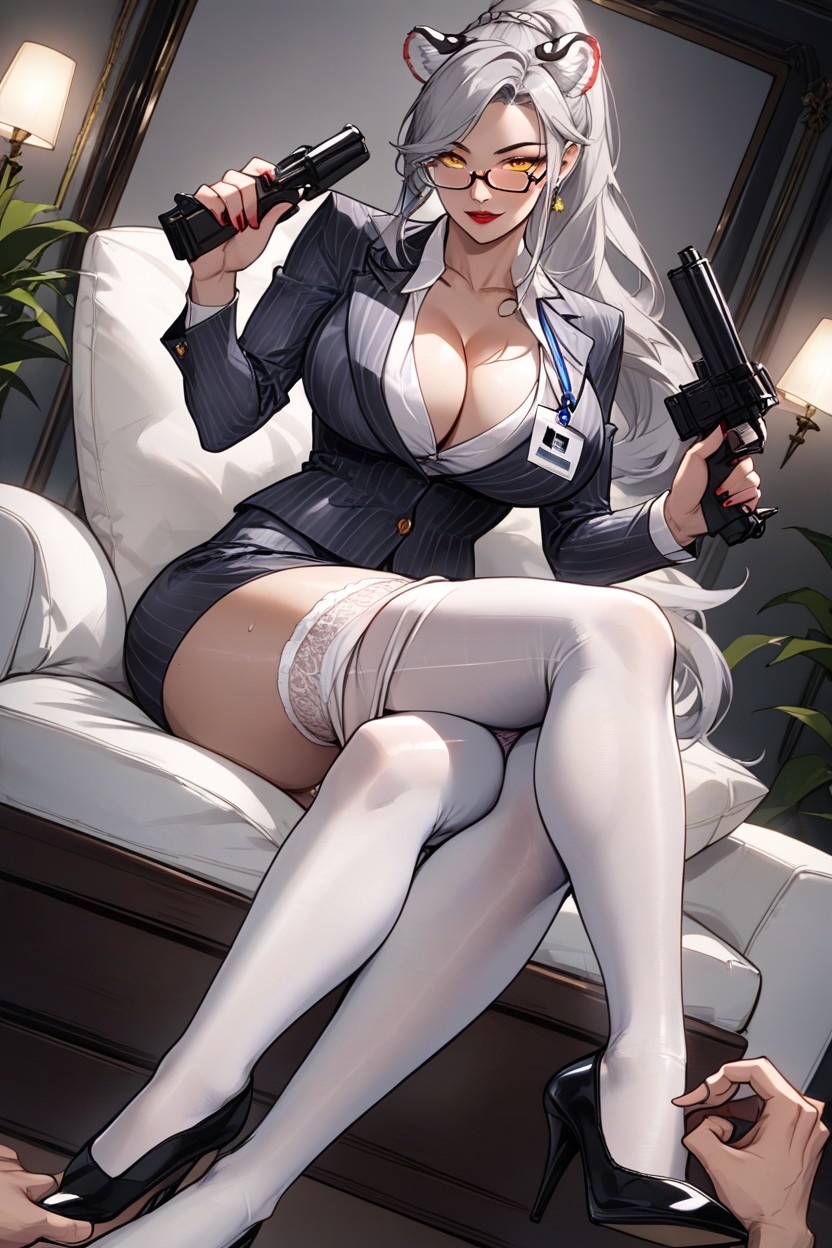 Holding A Long Barreled Gun, Sitting With Legs Crossed, Pubic Hair Hentai AI Porn
