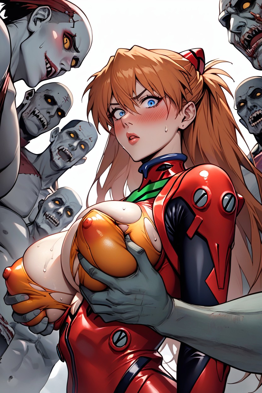 Asuka Langley From Neon Genesis Evangelion, Zombie Squeezing Breasts, Wide Open Eyes Hentai AI Porn