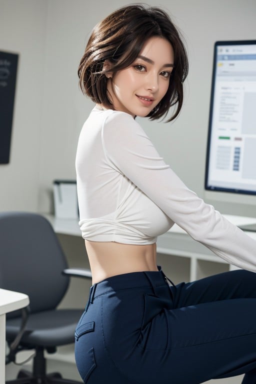 Cutie, Navy Blue Office Pants, Hair Strands AI Porn