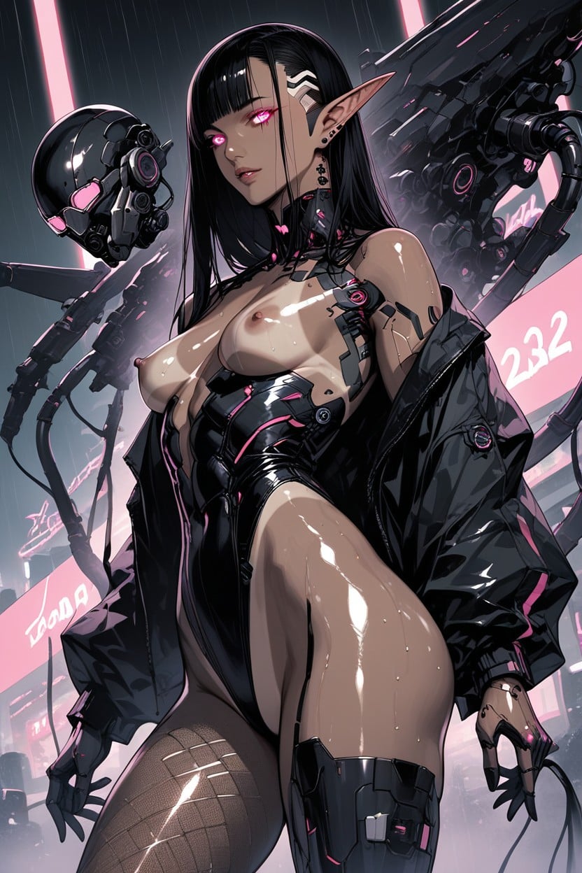 Oiled, Long Black Hair, Cyberpunk City Background Hentai AI Porn