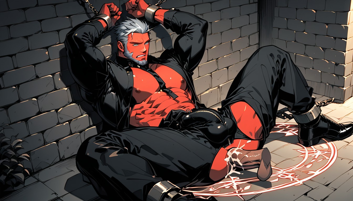 Yellow Eye, Grey Hair, Chained To A Wall Pornografia gay com IA