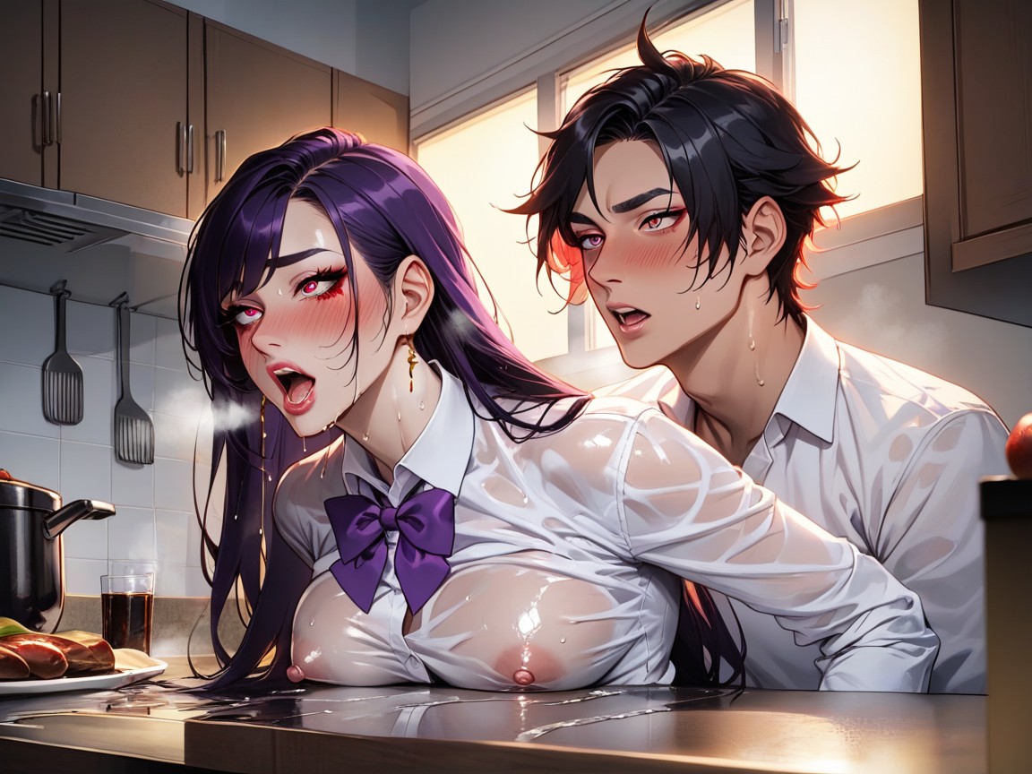 Panoramic Night City Background, Close Up, Long Sleeved White Uniform Shirt Hentai AI Porn
