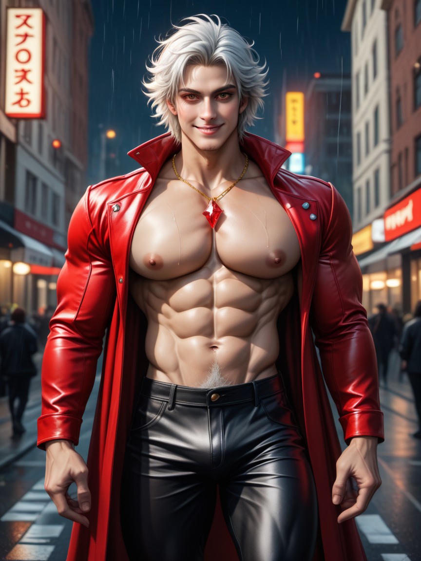 Hair Ends Slightly Curled Up At The Ends, Exposed Cock, Long Red Leather Jacket AI同性戀黃片