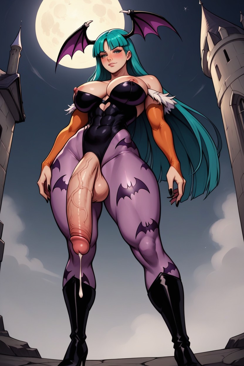 Looking Down At Viewer, Abs, Red Purple And Black Coloured Background Hentai AI Porn