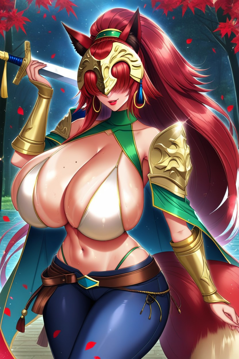 Gold Armor Gauntlets, Forest Lake, Red Lipstick Hentai AI Porn
