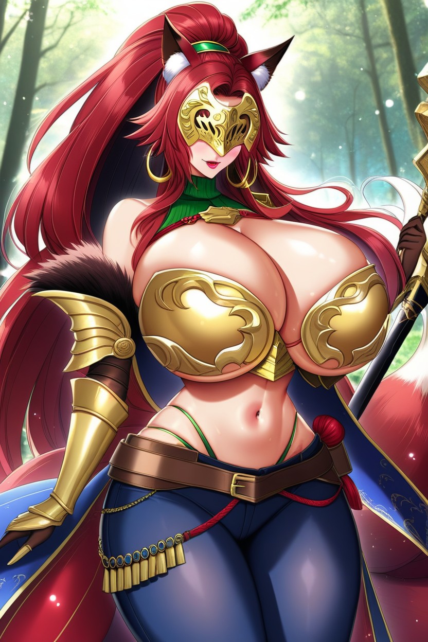 Hourglass Figure, Exposed Belly, Gold Armor Gauntlets Hentai AI Porn