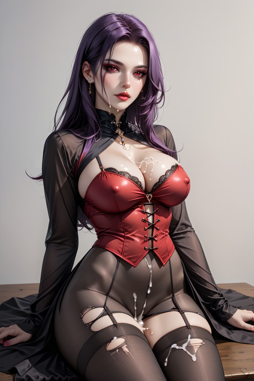 Their Soft, Creating A Tantalizing Display Of Cleavage Her Legs Are Encased In Red, Ripped Up Pantyhose Stockings AI Porn