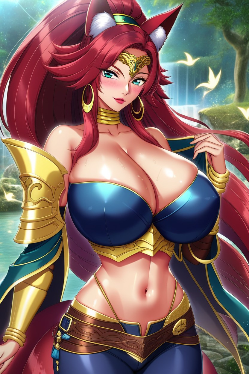 Persian, Kitsune Woman, Red Faulds With Blue Cloth Tasses Hentai AI Porn