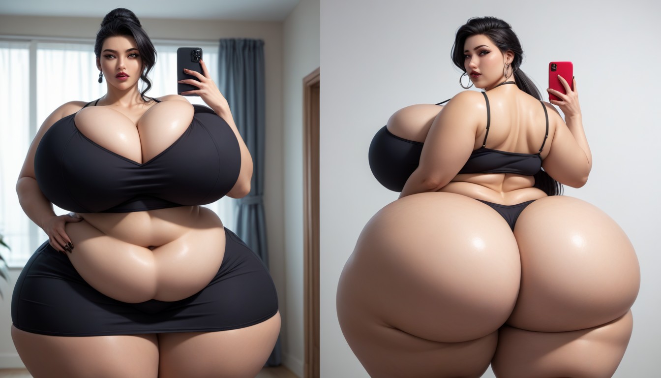 Cleavage, Selfie, Split Screen Veiws Of Her Going Thought A Massive Weight Gain In Sequence BBW AI Porn