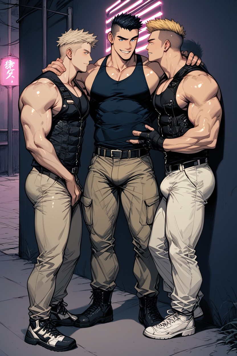 Thick Veiny Neck, Extremely Muscular Body, Skyscrapers In Background 게이 AI 포르노