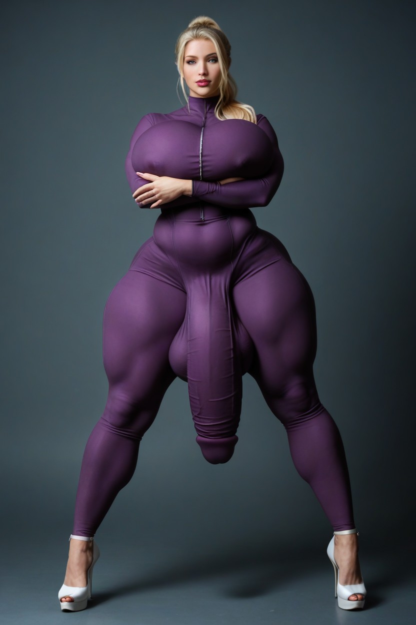Purple Bodysuit, Hyper Massive Testicles Bulge, Hyper Bulge Shemale AI Porn