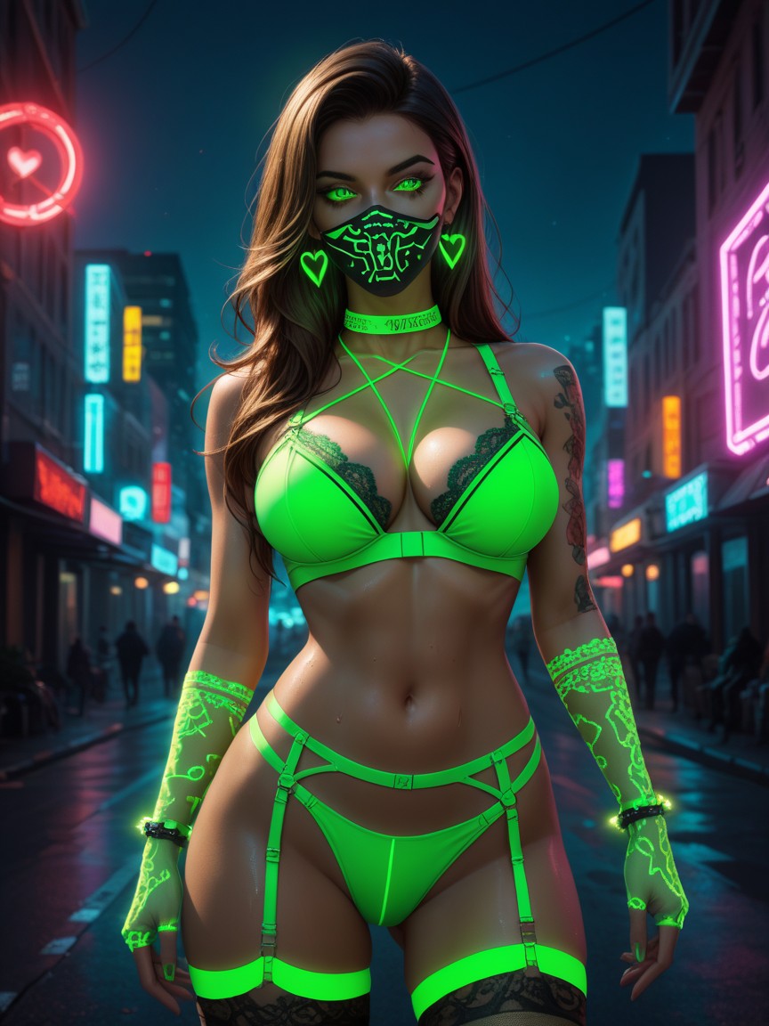 Neon Green Latex Gloves Glowing, City, Green Neon Body Bandage Harness Glowing AI Porn